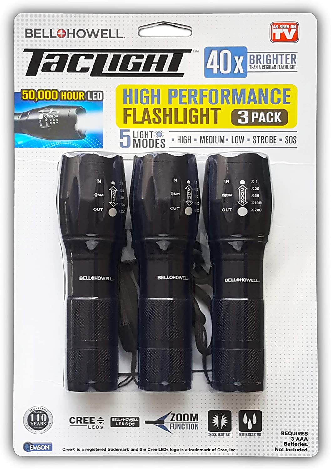 TACLIGHT FLASHLIGHT As Seen On TV Set of 3 by Bell and Howell LED Tactical Flash light Shock Water Resistant Military Grade Ultra Bright with 5 Modes and Zoom Function (40x Brighter) Black